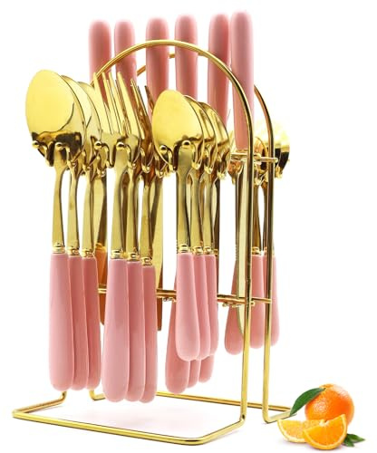 Caliamary Ensemble de couverts dorés de 24 pièces avec porte-argenterie, couteaux, fourchettes, cuillères, service de couverts pour 6 personnes, ustensiles de cuisine avec poignée rose