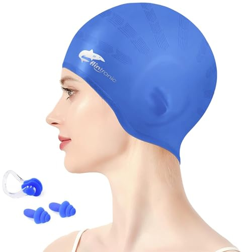 Flintronic Gorro de Baño, Gorro de Natación Piscina Mujer y Hombre Gorro Piscina Protecion de Oido 3D,Gorros de Natación de Silicona para Nadadores con Clip Nasal y Tapones para los Oídos