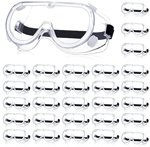Yunsailing 30 Pack Protective Safety Goggles Clear Lab Over Glasses Anti Fog Eye Protection Goggles for Men Women(Clear, Black)
