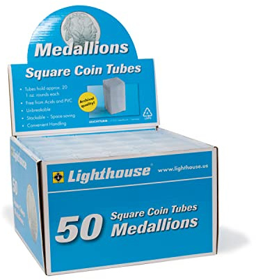 LIGHTHOUSE - Square Coin Tubes - Convenient Push Top, Virtually Unbreakable, Acid Free and Archival Quality - Coin Tubes for US Medallions, 50 Pack