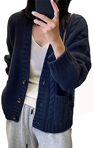 Alloaone Cardigan en tricot cachemire tendance épais et ample pour femme en laine col en V grande taille veste, bleu marine, L