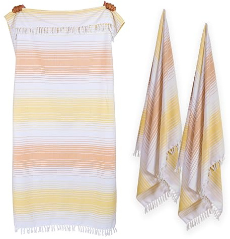 Native Fab 100% Cotton Peshtemal Turkish Bath and Beach Towels Set of 2, Large 40x71 Travel Sarong Gym Pool Spa Towels, Ultra Soft Quick Dry Absorbent Fouta Hammam Peshtemal Towels Yellow