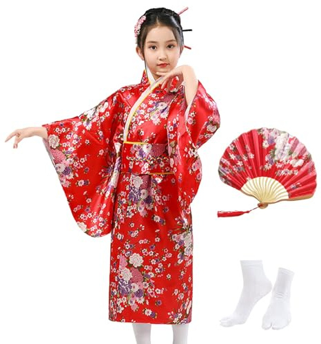 KRUIHAN Kimono Japonais pour Filles,Robe Yukata Japonaise,Robe Kimono Satin Enfants,Robe de Soirée de Jeu de Rôle Anime pour les Filles avec Ventilateur Pliant et Chaussettes Tabi,Style A,Rouge,150