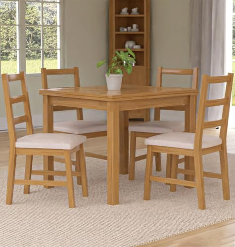 Hallowood Furniture Waverly Draw Leaf Oak Dining Table and Chairs Set 4 | 90-160cm Rectangular Kitchen Table and Chairs with Ladder Back and Beige Fabric Padded Seat, Farmhouse Style Dinner Set for 4