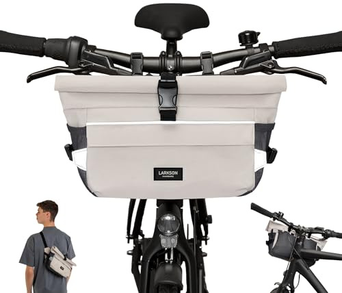 LARKSON Bolsa Manillar Bicicleta Beige - Lasse - Bolsa 2 en 1 para Bici y Bandolera - Bolsa para Manillar Bicicleta con Reflejo - Repelente al Agua