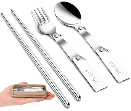 3-Piece Foldable Camping Cutlery Set - 304 Stainless Steel Spork & Chopsticks in Lunch Box, Portable Fork & Spoon for Picnic, Hiking