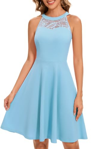 Fynadressr Women Elegant Halter Neck Cocktail Wedding Guest Dress Evening Party Daily Short Prom A Line Dress Blue M