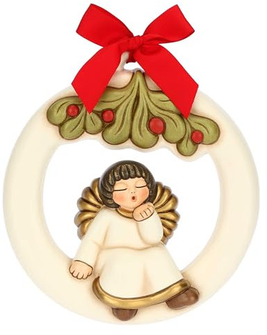 THUN, Ghirlanda con Angelo in Ceramica di Alta Qualità, Collezione Sorprese di Natale, Statuine da Collezione, Idea Regalo per Natale, 20,8 x 4,8 x 22,6 cm