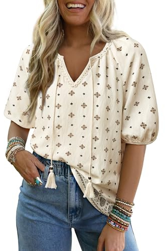 Vivilli Women Summer Outfits, Boho Tops for Women Linen Short Sleeve Blouses V Neck Floral Trendy 2025 Babydoll Shirts Lace Tassel Bow Tie Front Casual Hawaiian Beach Holiday Vacation Clothes White L