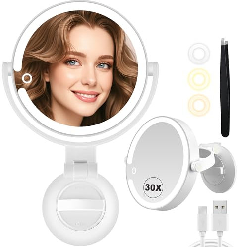 PEDOMIROR Schminkspiegel mit Beleuchtung und Kosmetikspiegel mit Vergrößerung 30fach, Vergrößerungsspiegel mit Saugnapf mit Licht Groß Spiegel Wandmontage Vergrösserungsspiegel Saugnäpfen