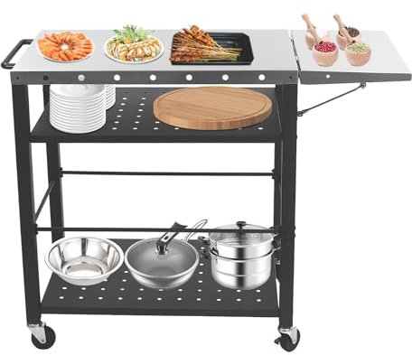 Carrello per barbecue, tavolino da servizio, per esterni, barbecue, trolley 80 cm x 50 cm x 83 cm, pieghevole a 4 livelli, con ruote, per campeggio, giardino, terrazza