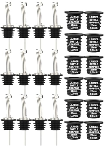 12-Pack Auto Flip Liquor Bottle Pourers with Adapters, Liquor Pour Spout Adapters set for for Large Olive Oil Bottles and Liquor Bottles - Up to 1 Inch/25mm Neck Converts Spout into Large Pour Spout