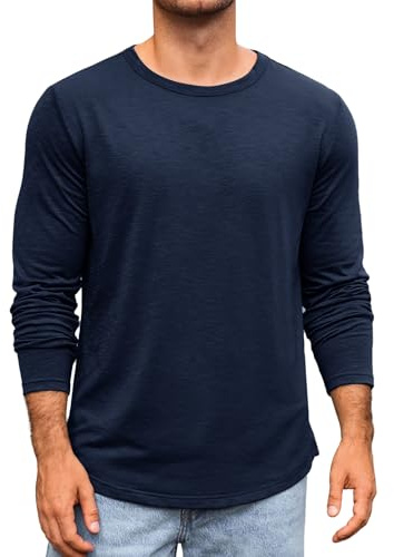 Runcati Maglietta da uomo a maniche lunghe, girocollo, maglietta a maniche lunghe tinta unita, vestibilità regular, top sportivi tempo libero, magliette casual basic, canottiera, Blu scuro, L