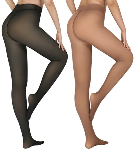 X-CHENG 2 Pairs Fleece Lined Tights Women - Warm Pantyhose Sheer leggings Women,Fake Translucent Thermal Skin Colored Thick Tights for Winter