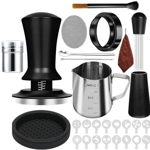 TechVizrs Kaffee Tamper 51mm Set, 28-teiliges Espresso Tamper Set, Edelstahl Kaffeedrücker mit Aufschäumkrug, Barista Tuch, Puck Screen, Latte Art Stift, Kaffeerührer, Tampermatte