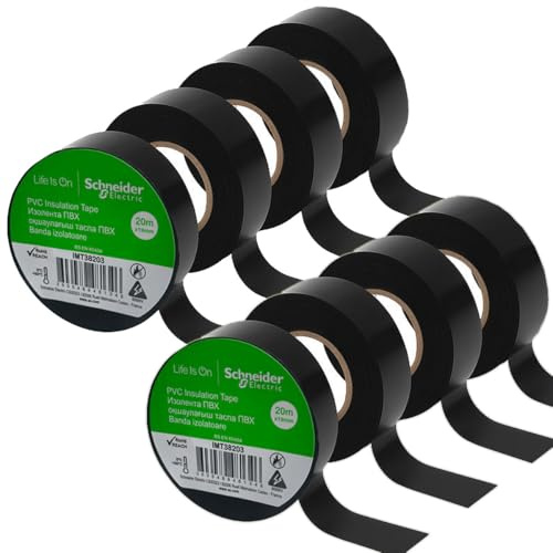 Schneider Electric Premium PVC Electrical Tape Black 19mm x 20m (Pack of 8) – Fire Retardant Insulation Tape for Wiring, Repairs & Cable Protection - Electrical Maintenance (IMT38203).