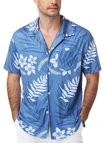 SEAOYOZO Hawaiian Shirt for Men Short Sleeve Tropical Button Down Floral Holiday Beach Vacation Shirts Stretchy Breathable Wrinkle Free L White Flower Blue Print