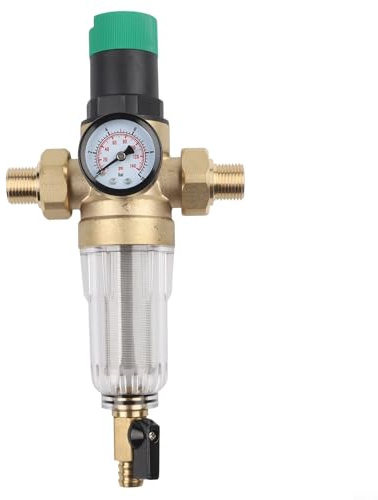 Tidgel Regulador de presión de agua con filtro de retrolavado y manómetro, latón resistente a la descalcificación, malla de acero inoxidable reutilizable para fontanería doméstica (DN15)