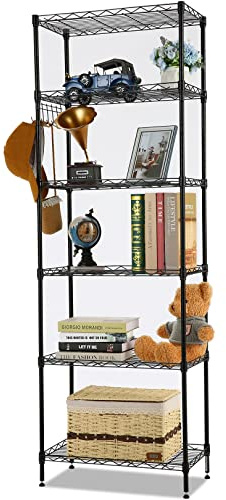 Lagerregal, Regal mit Rollen und 6 Regalböden Küchenregal Metall mit Seitenhaken aus verchromt, bis zu 100kg, 54 x 29 x 160cm, Schwarz