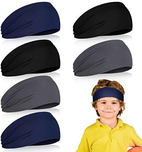 6 Pcs Kids Athletic Sweatbands and Headbands - Football, Sweat-Absorbing Elastic Hairbands for Boys and Youth (Black, Dark Gray, Navy Blue)