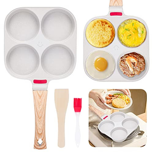 Yuragim Padella Pancake, Padella per Pancake Antiaderente, Padella per Frittata 4 Fori Pentola Pancakes Induzione per Colazione Uova Fritte Bistecca Hamburger per Induzione e Gas (Bianco)