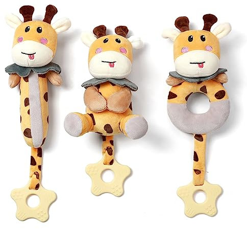 TUMAMA KIDS Baby spielzeug 0 3 6 9 12 monate, Giraffe kuscheltier mit beißring, baby geschenk mädchen junge, babyrassel greifspielzeug baby, neugeborenen geschenk, 3 Stück