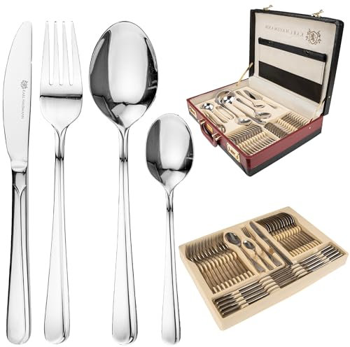 KARL HAUSMANN Set di Posate Acciaio Inox - 72 Pezzi - 12 Persone - Servizio set Forchette Cucchiai e Coltelli - Lavabile in Lavastoviglie - Con Valigetta con Posate da Tavola e Paletta per Torte