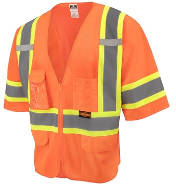 RADWEAR SV232-3 Class 3 Two-Toned Reflective Mesh Surveyor Safety Vest with Dual Side Zippers for Men and Women, Hi-Vis Orange, XL