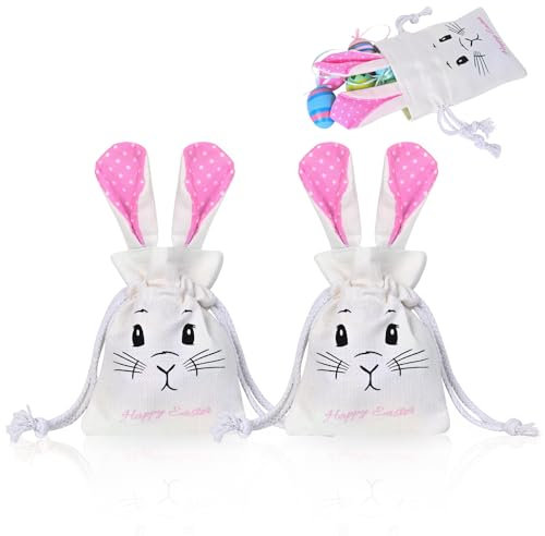 JIAWWAN Sacchetti Regalo di Pasqua, 2 Pezzi Sacchetti di Juta Pasquali con Coulisse, Borsa di Pasqua con Orecchie da Coniglietto, Sacchetto Coniglietto Pasquale per Uova di Pasqua Caramelle (Rosa)