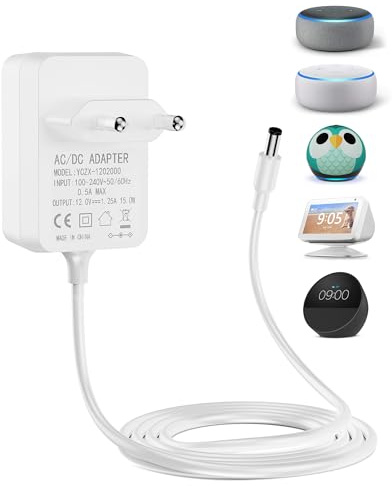 Sanicata 15W Netzteil Compatible with Echo Dot 3/4Gen, Echo Dot Kids Edition 3/4 Gen, Echo Show 5 1/2Gen, Echo Spot, Echo Pop, Fire TV Cube, 12V 1.25A Netzadapter Ladegerät 1.5M-Weiß
