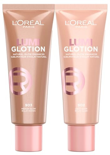 L'Oréal Paris Lumi Glotion 903 Medium Glow + 902 Light Glow, 40 ml, für Gesicht und Körper, spendet intensiv Feuchtigkeit, hellt die Haut für alle Hauttypen – 2er-Set
