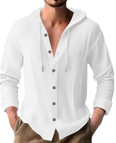 PRIVIMIX Mens Shirts Long Sleeve Linen Shirt Cotton Hooded Tshirt Button Down Lightweight Hoodies Top for Men White M