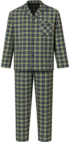 Mens Checked Pyjama Set Traditional Woven Sleeping Nightwear Top & Bottom Pyjamas Check Trousers & Shirt Set Pjs, Olive Black, L