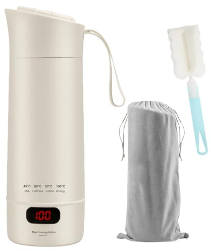 Dhqkqg Hervidor de Agua de Viaje, 400ML Hervidor Agua Electrico con 4 Niveles de Temperatura, Mini Termo Portátil, apagado automático, para Hacer Leche, Café y Té