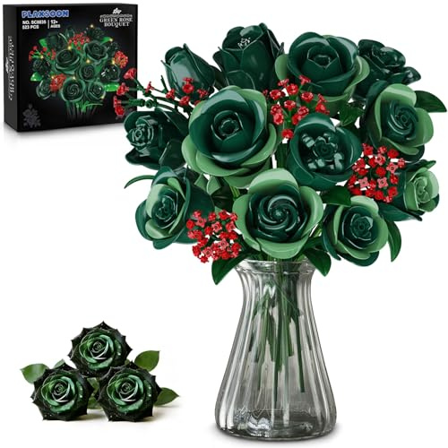 PLAXSOON Ensemble de construction de bouquet de fleurs avec lumières, 16 roses vertes, collection botanique de blocs de construction pour adultes et filles, 523 pièces, fleurs artificielles pour la