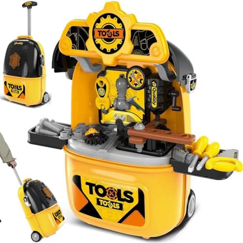 BAKAJI Trolley Banco da Lavoro Giocattolo per Bambini, Valigia Playset Gioco per Ragazzi con Accessori Realistici e Attrezzi da Lavoro Fai da Te, Valigetta Tutto Fare Richiudibile, Idea Regalo