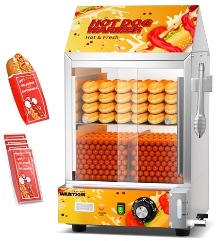 WantJoin Hot Dog Steamer - 28.8QT Electric Commercial Hot Dog Steamer with Bun Warmer, Glass Sliding Door Steaming Machine for 175 Hot Dogs and 40 Buns Adjustable Temperature