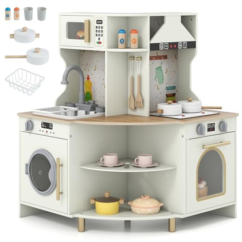 COSTWAY Cuisine Enfant en Bois avec Sons & Lumières & Système de Circulation d'eau, Cuisine Enfant d'angle avec Micro-Ondes & Machine à Laver, Jeu d'Imitation pour 3 Ans+, Beige