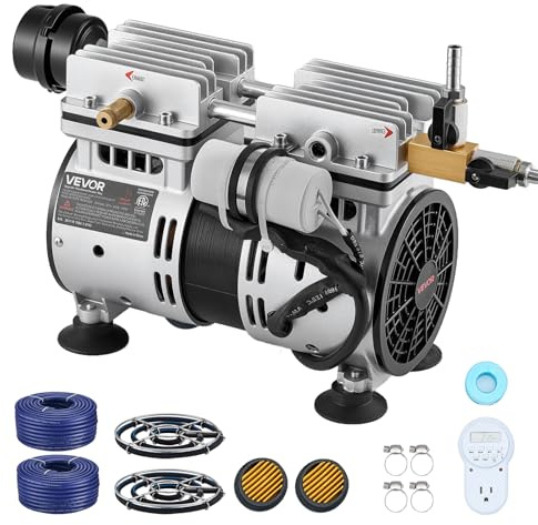 VEVOR Aérateur de Bassin 590 W Système d'Aération Lac de 1,2 hectare Pompe à Air Étang Extérieure pour Circulation Oxygène en Eau Profonde, avec Compresseur Air, 2 Diffuseurs, 2 Tuyaux Lestés 30,5 m