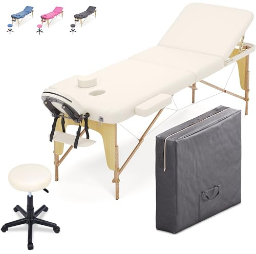 Beltom® LETTINO MASSAGGIO 3 ZONE IN LEGNO DIMENSIONE 195/225 X 70 CM + SGABELLO REGOLABILE IN ALTEZZA + BORSA PER LETTINI DA MASSAGGI PORTATILE - PANNELLO REIKI - ANGOLI ARROTONDATI E RINFORZATI-Panna