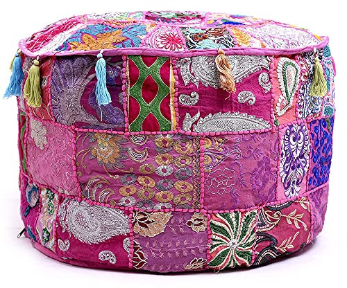 Aakriti Gallery Pouff Fußhocker, Bestickt, indische Baumwolle, rund, Ottomane, Sitzkissen, nur Bezug (45,7 x 33 cm), Rosa, 46 x 33 cm