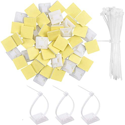 Ensemble Attache Cable,100 PCS Serre Cable Attaches de Câble Blanches avec Supports Adhésifs Collier de Serrage Supports de Base pour l'usine de fil électrique d'ordinateur garage jardin 100mmx3mm