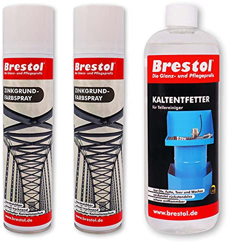 Brestol ZINKSPRAY 2x 400 ml mit Korrosionsschutz + 1000 ml KALTREINIGER Teilereiniger Motorreiniger Entfetter Fettlöser Zinkgrund-Farbspray Zink Grundspray Zinkgrundspray Farblack
