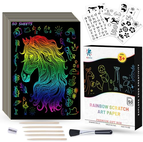 Hycozy Scratch Art for Kids 62 Pcs, Rainbow Scratch Cards, DIY Scratch Art Paper, Magic Scratch Notes, Birthday & Christmas Gifts, Craft Kits for Boys & Girls, Doodling Art & Sketching