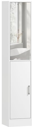 kleankin Tall Mirrored Bathroom Cabinet, Bathroom Storage Cupboard, Floor Standing Tallboy Unit with Adjustable Shelf, White