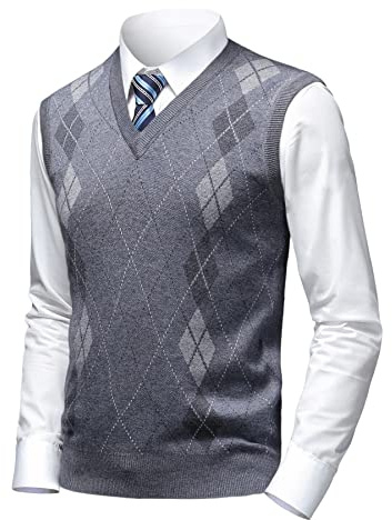 Herothorn Maglione da uomo a rombi classico con scollo a V senza maniche pullover grigio nero maglieria bella canottiera per papà marito, B-grigio scuro., XX-Large