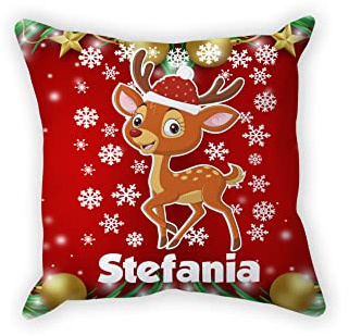 Overthetee Cuscino Natale Personalizzabile - Nome Donna - Piccola Renna - Neve - Snow - Simpatica - Dolce - Sweet - Cuscini Divano Natale - 40X40 - Idee Regalo