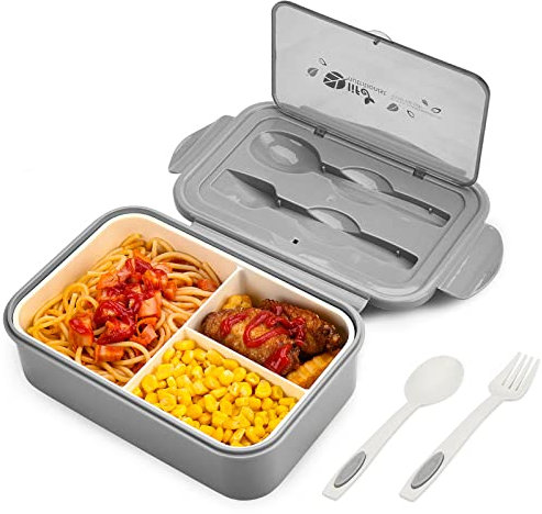 BIBURY Fiambrera, caja bento a prueba de fugas para niños adultos, recipiente para alimentos con 3 compartimentos y juego de cubiertos, lonchera comidas aptos para microondas y lavavajillas (Gris)