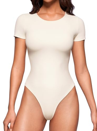 CRZ YOGA Butterluxe Womens Bodysuits Short Sleeve Crew Neck Body Suit Tops Sexy Thong Soft Stretchy White Apricot Large