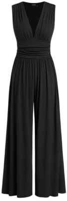 CIDER Women's French Riviera Vacation V-neck Ruched Solid Wide Leg Jumpsuit, Black, L